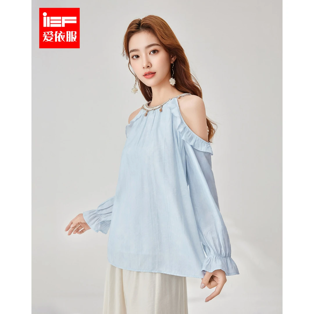 IEF/爱依服2025春夏新款露肩衬衫女蓝色时尚宽松显瘦气质上衣-