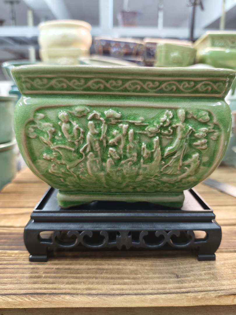 【直播浮力837】14*10cm花盆＋底座浮雕冰裂八仙过海创意四方大肚盆