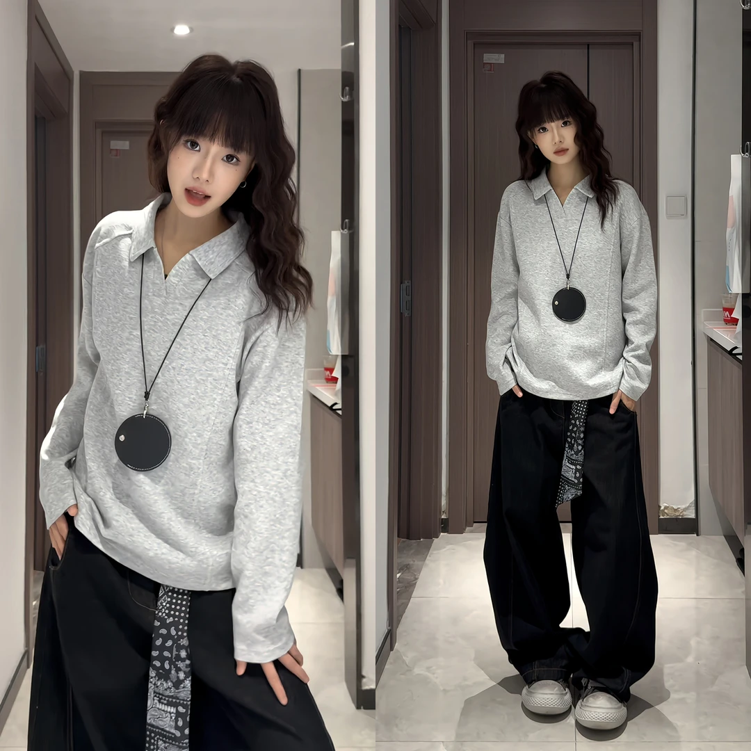 潮牌美式拼接长袖polo衫男秋季t恤高级感痞帅青少年打底翻领卫衣