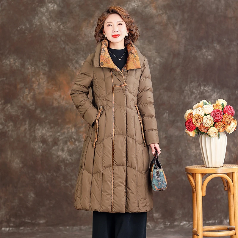 中年妈妈羽绒服时尚洋气2024冬季新款中长款过膝加厚保暖鸭绒外套