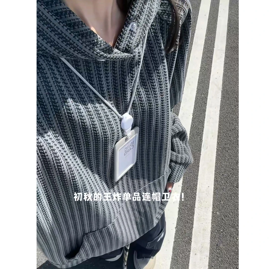 早秋复古重磅小香风千鸟格连帽卫衣潮流男款秋季美式复古条纹卫衣