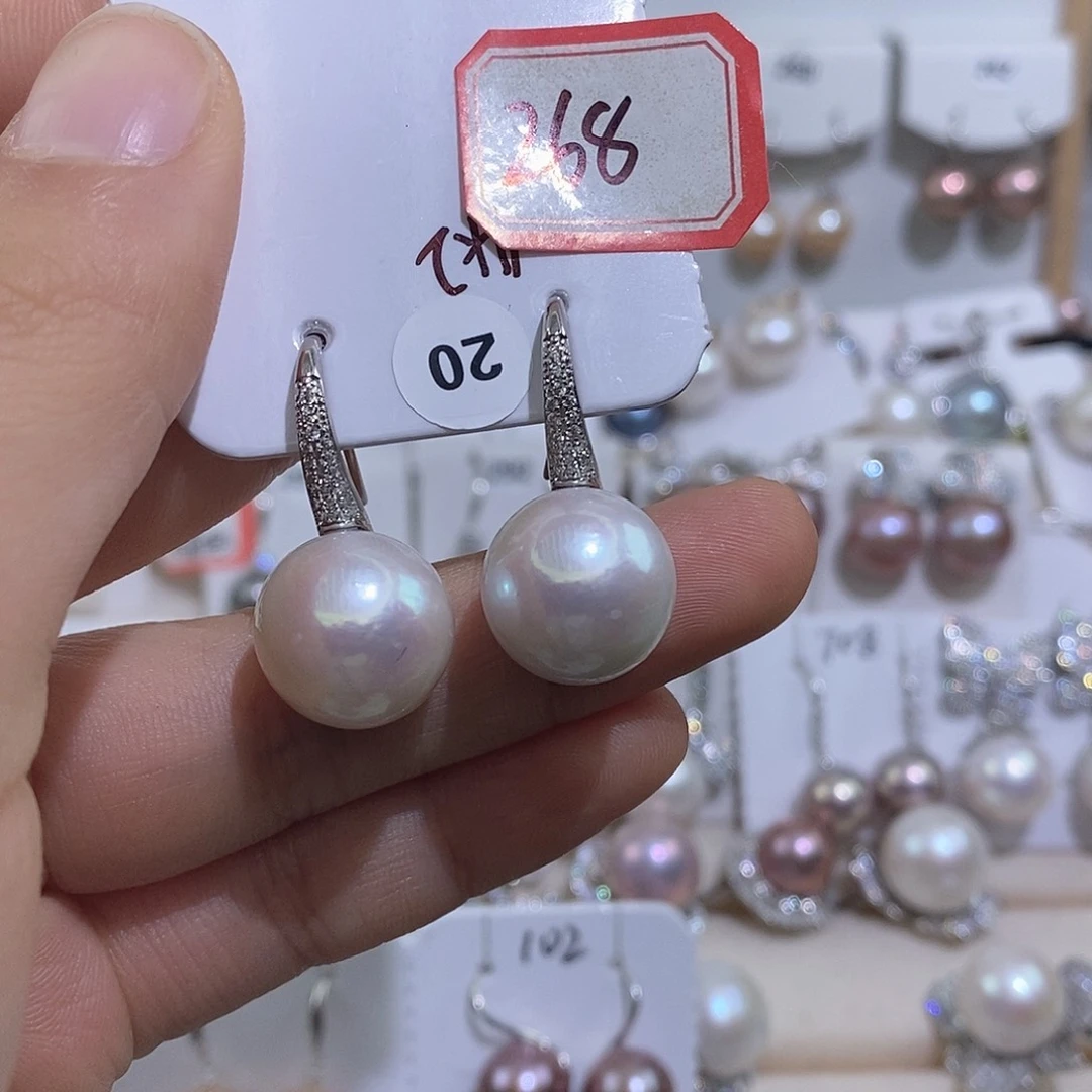 思***8耳饰淡水珍珠银S925镶嵌14.2mm