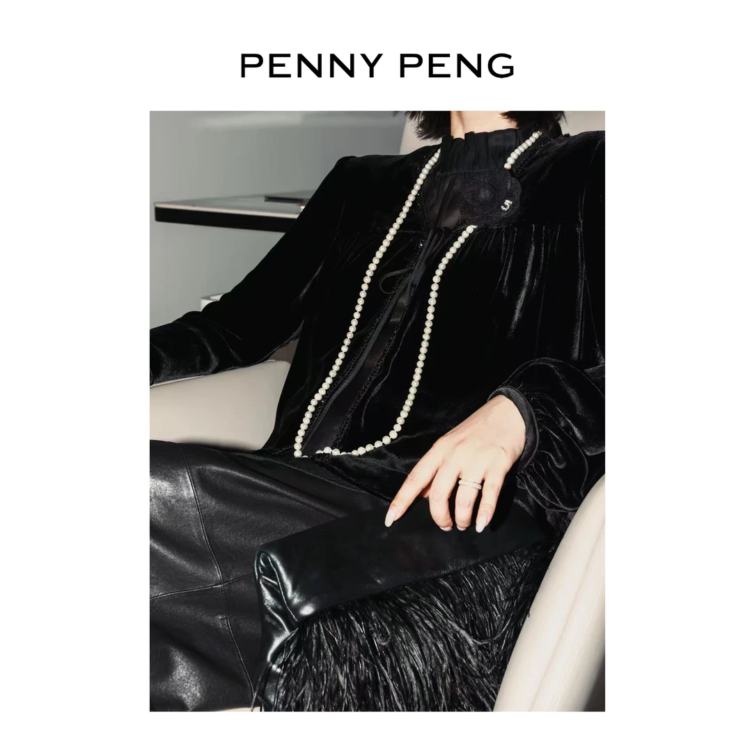 PENNYPENG 天鹅赞歌 高级感贵感千金真丝丝绒上衣V领蝴蝶结长袖