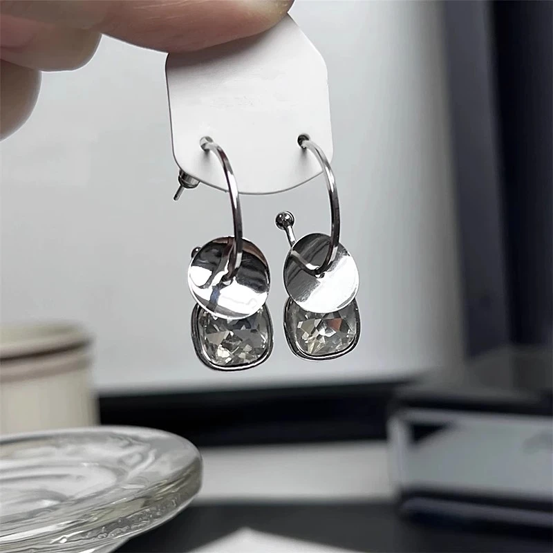 高级感银色可拆卸方水晶亮片耳圈小众冷淡风夏日百搭耳饰