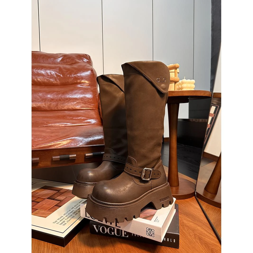 复古高端擦色厚底马丁靴女英伦风皮带扣大头增高长筒机车靴骑士靴