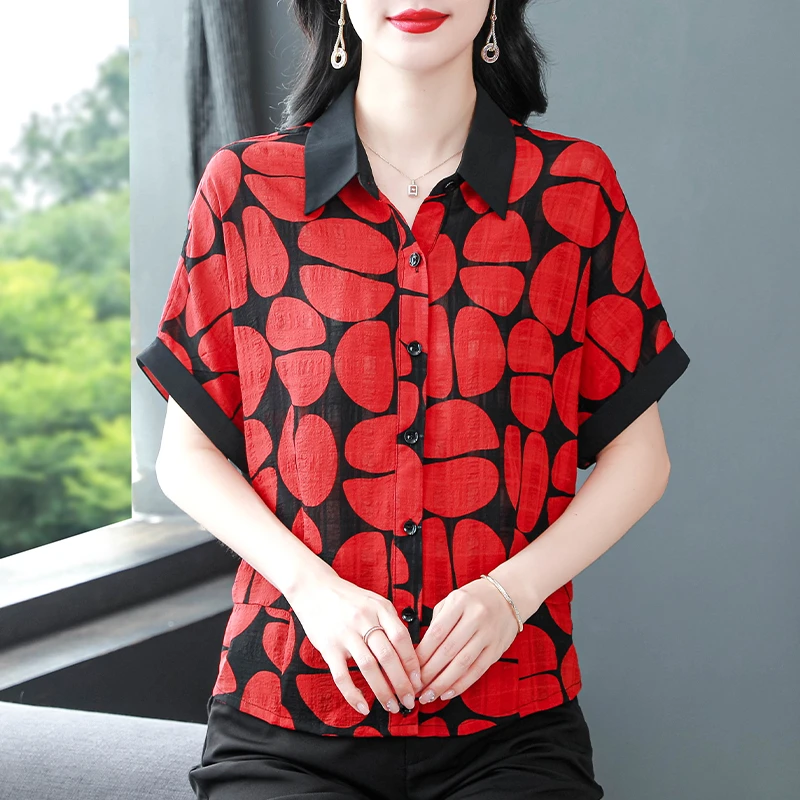 红色印花短袖棉麻衬衫女士2025夏季薄款亚麻小衫宽松洋气妈妈上衣