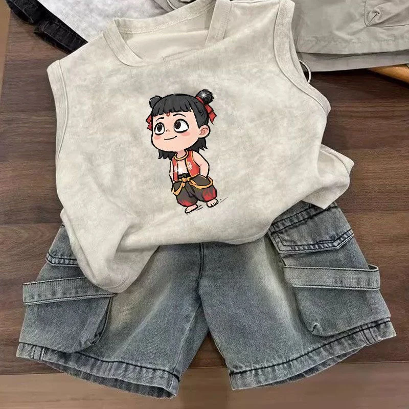 儿童2025夏季新款扎染纯棉潮酷无袖背心男童宝宝哪吒上衣潮