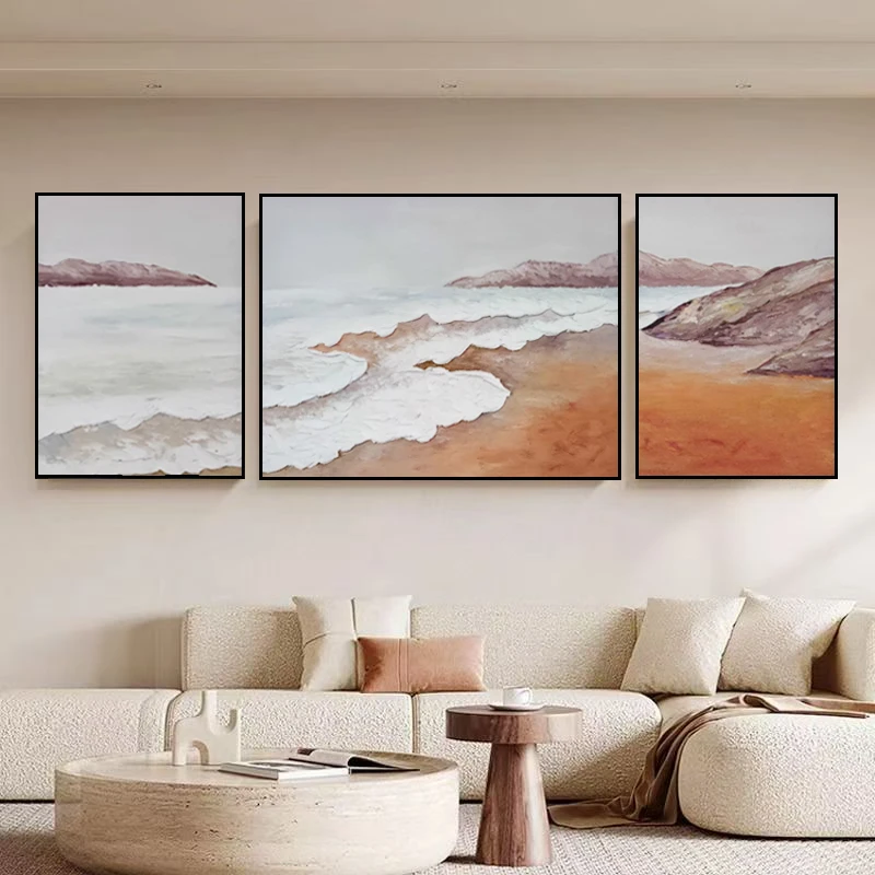 现代风客厅装饰画肌理油画海浪沙发背景挂画三联画海景壁画70200
