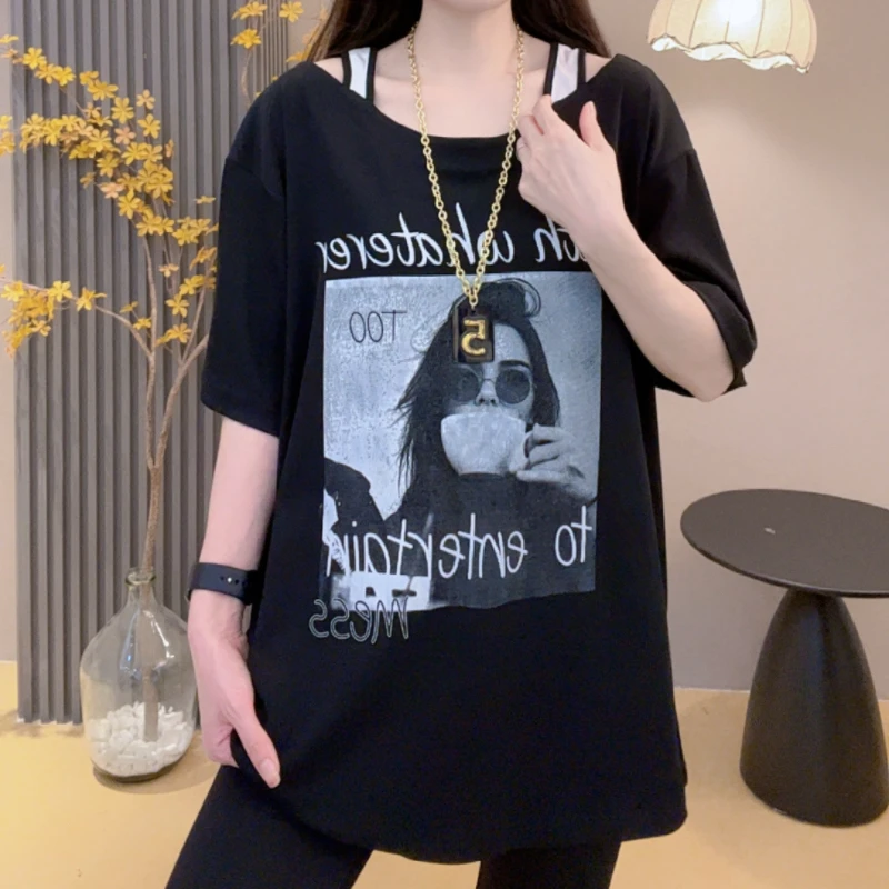 1983夏季坑条双肩设计领口复古时尚美女印花短袖上衣宽松休闲T恤