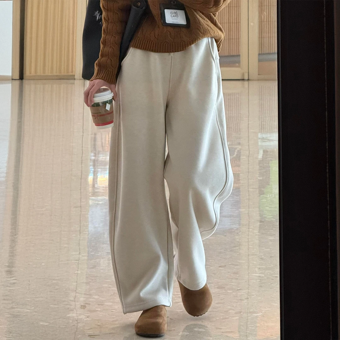 米杏色加绒弯刀阔腿裤女冬季新款大码胖mm高腰遮胯梨型身材休闲裤