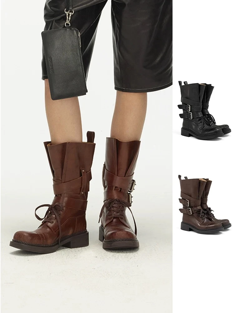 ECHOADE25新款做旧光泽时髦感中筒靴