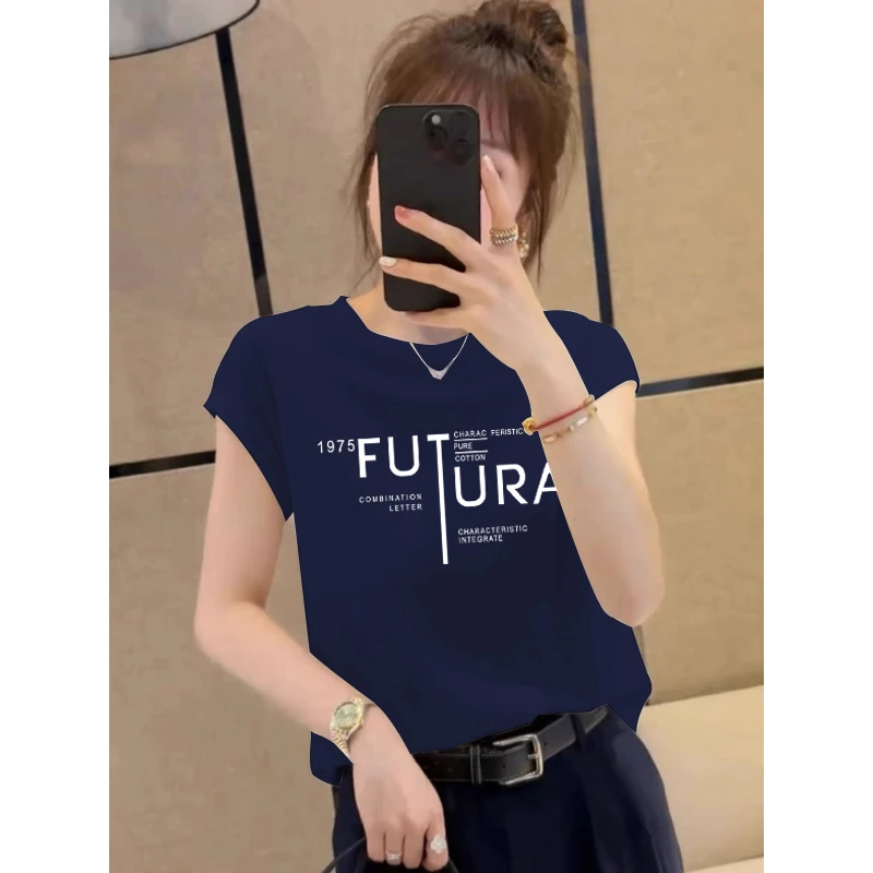 小飞袖正肩短袖t恤女夏季2025新款设计感百搭显瘦圆领藏青色上衣