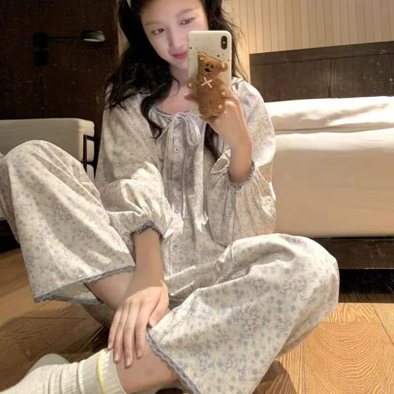 甜美花边韩版ins甜美风睡衣女春秋季新款休闲碎花长袖家居服套装