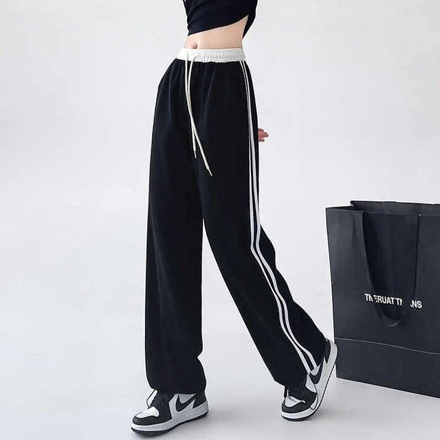 今年流行新款覆古美式拼色女夏运动风条纹休闲裤韩版运动阔腿长裤