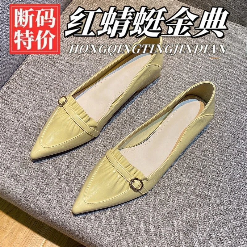 红蜻蜓金典尖头单鞋女2025新款晚晚风温柔浅口通勤鞋真皮粗跟瓢鞋