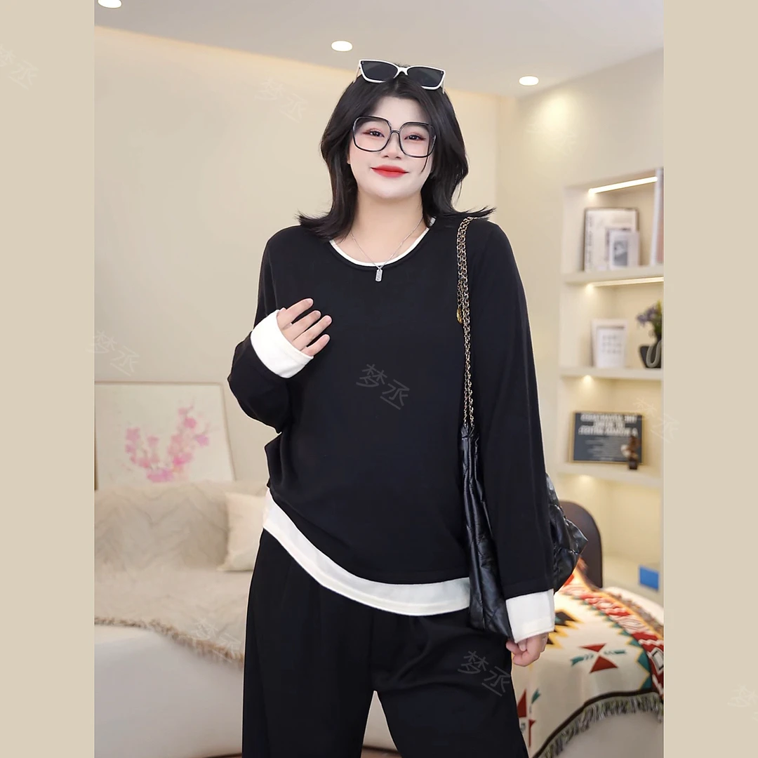 梦丞-大码女装冬季胖mm宽松显瘦遮肉圆领撞色假两件针织长袖女