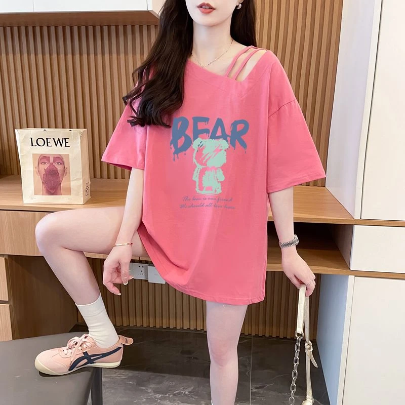 2025夏季新款纯棉短袖T恤女宽松显瘦遮肚斜领中长款短袖上衣女潮
