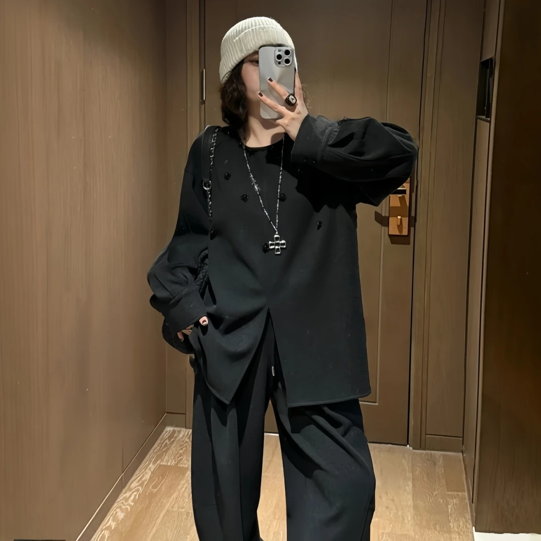 小众开叉重工套装女2025秋季大码胖MM圆领上衣+弯刀阔腿裤两件套