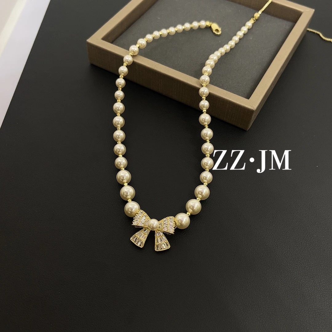 铜合金仿珍珠项链 （L蝴蝶结渐变珠）重工复古优雅法式轻奢时尚
