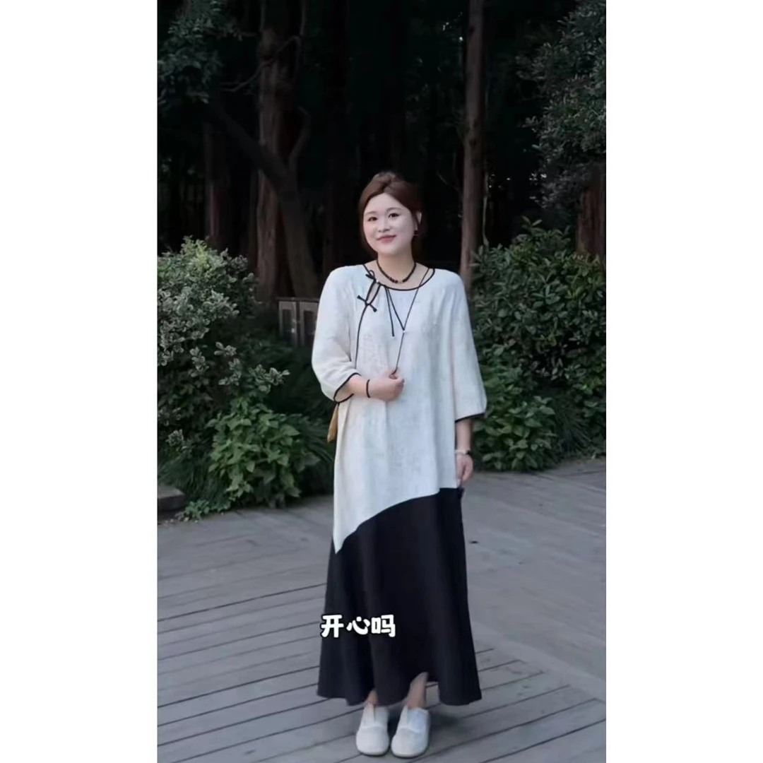 晶咕【书卷世家】新中式斜襟改良拼接连衣裙宽松连衣裙显瘦气质