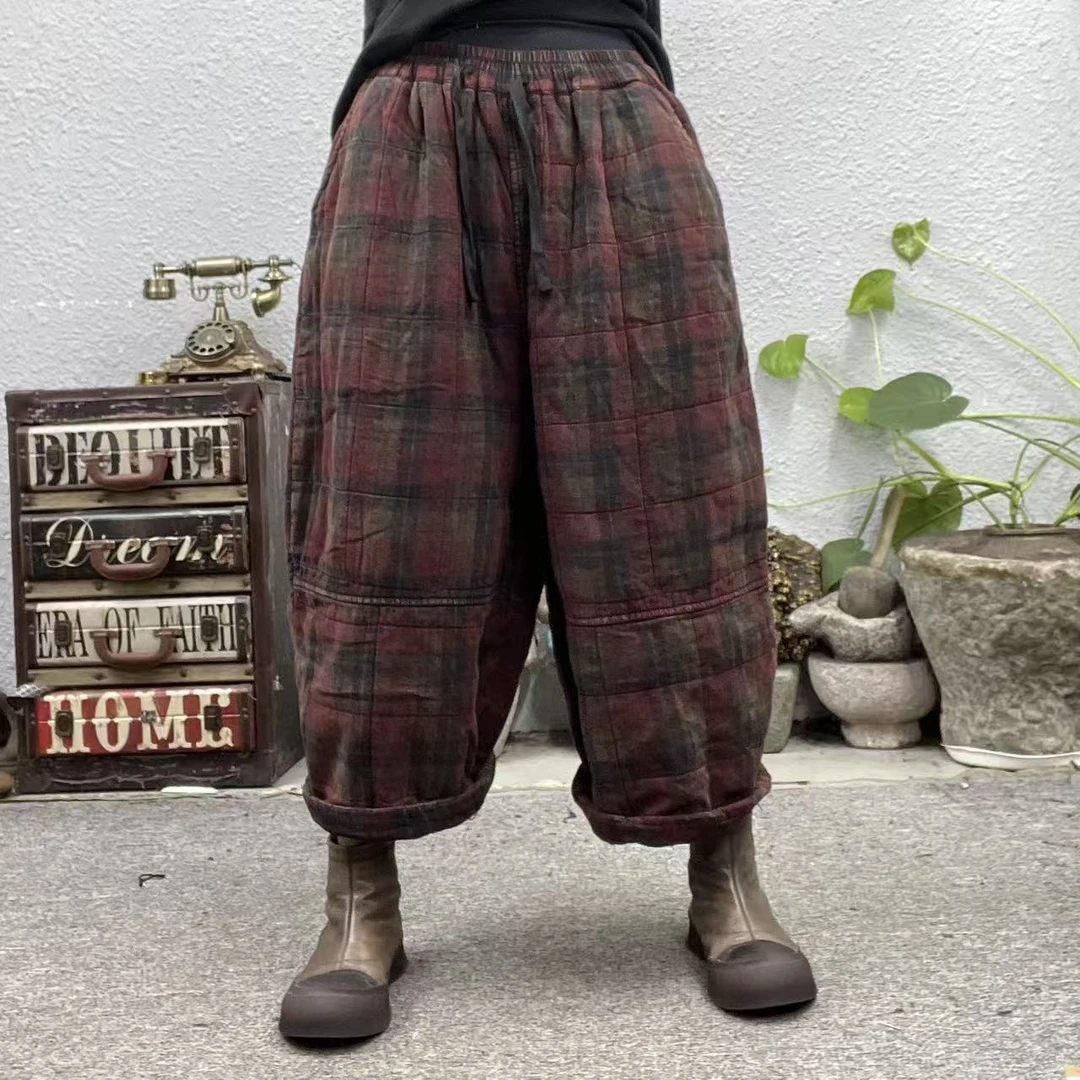 252855夹棉格纹方形压线棉裤休闲裤（长85臀围136脚口66