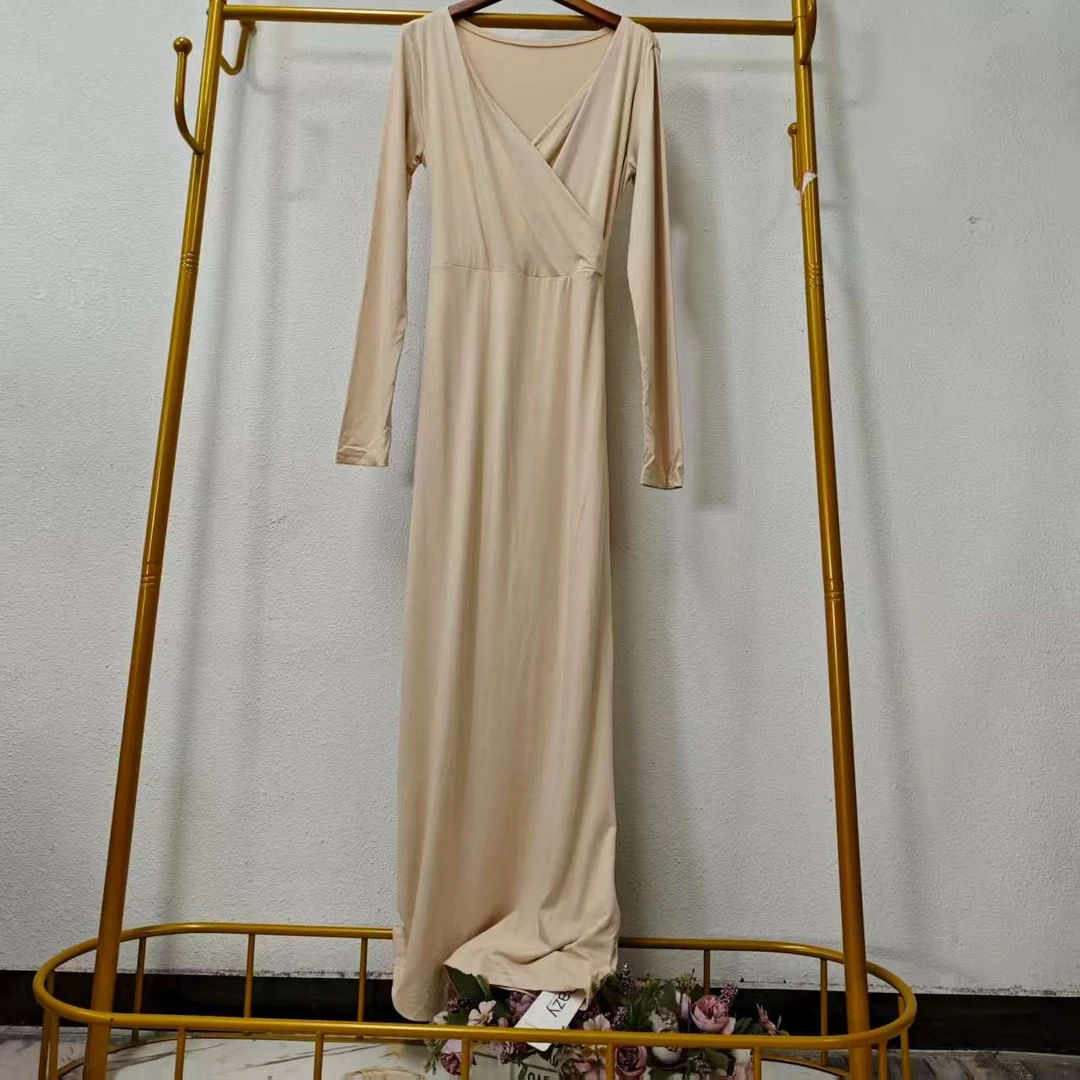 H6-5-1203 气质交叉V领长袖修身收腰显瘦连衣裙