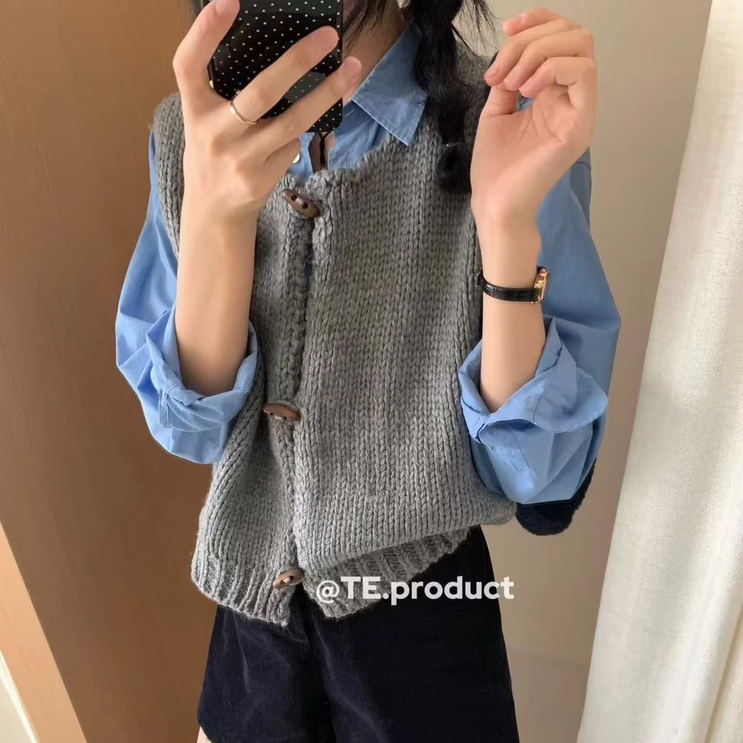 复古单排扣马夹宽松无袖针织马甲秋季