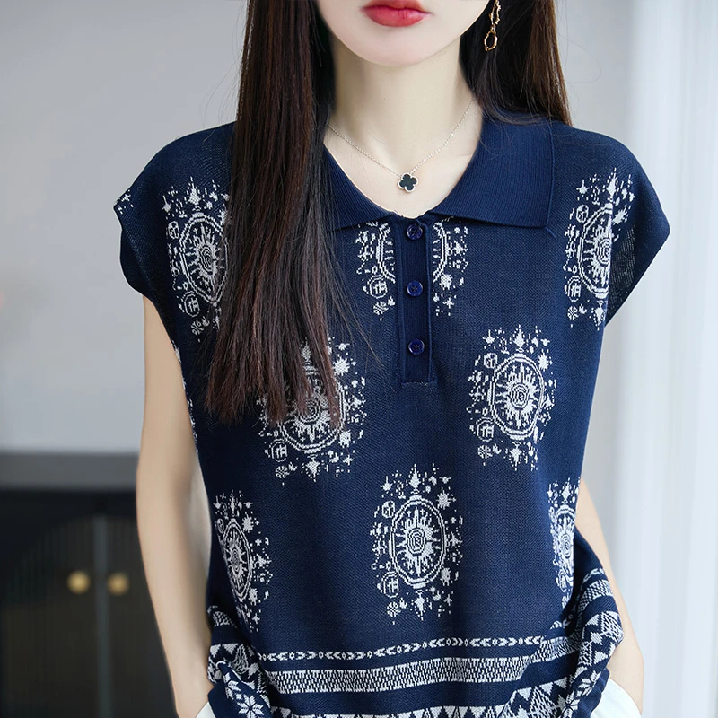 最炫民族风~复古提花飞飞袖针织短袖女宽松显瘦时尚翻领百搭上衣