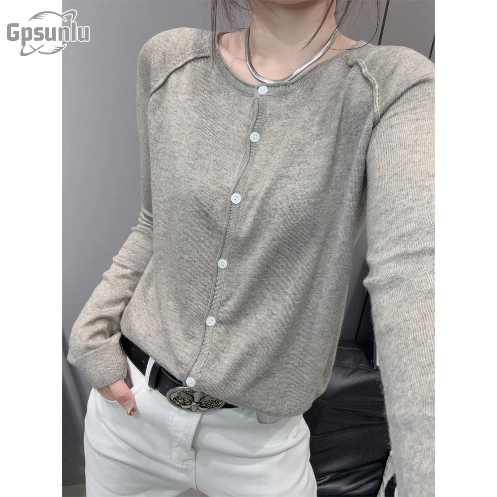gpsunlu时尚圆领针织衫长袖女洋气宽松休闲百搭纽扣开衫上衣秋季