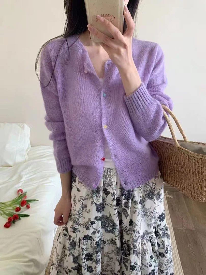 6622千炫轻奢春季新款彩扣开衫慵懒风毛衣