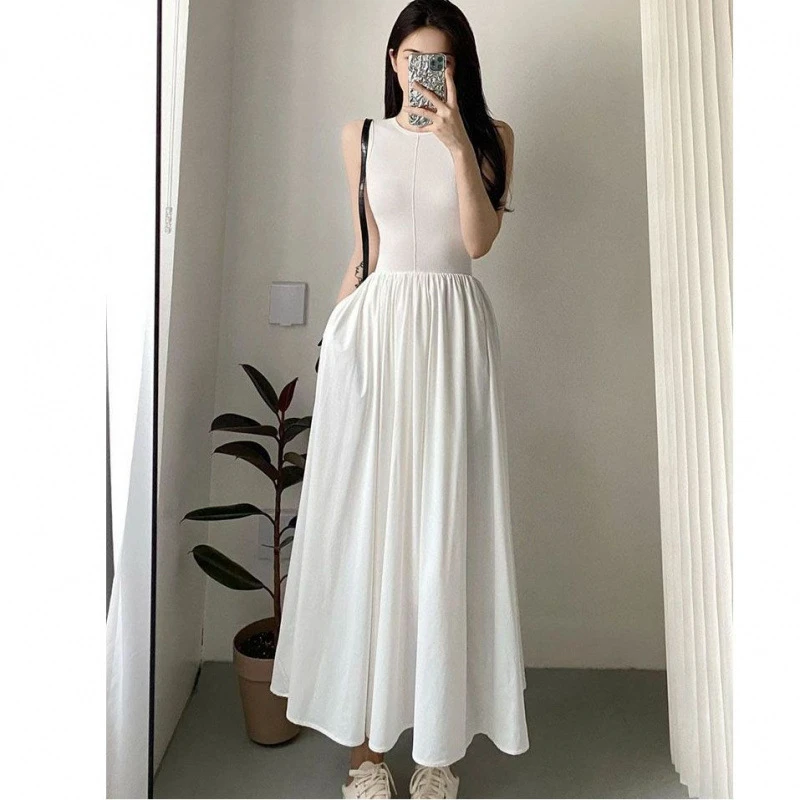 白色无袖收腰显瘦气质长裙女夏季新款设计感法式连衣裙