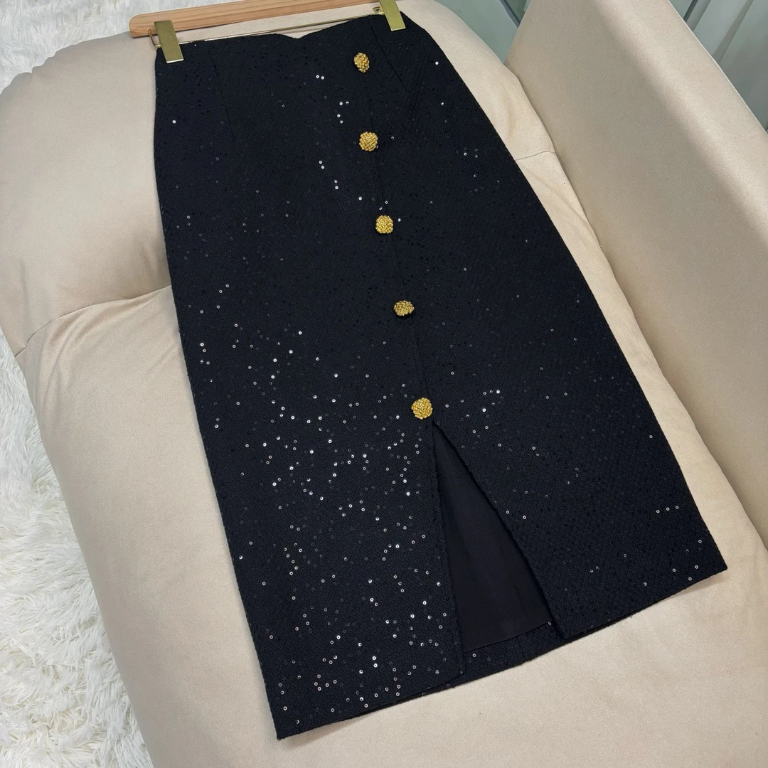 岚子高货 黑金闪钻开叉半身裙（61078）