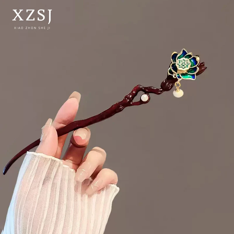 古风淡雅莲花流苏高端檀木发簪女旗袍步摇发钗后脑勺盘发簪子头饰