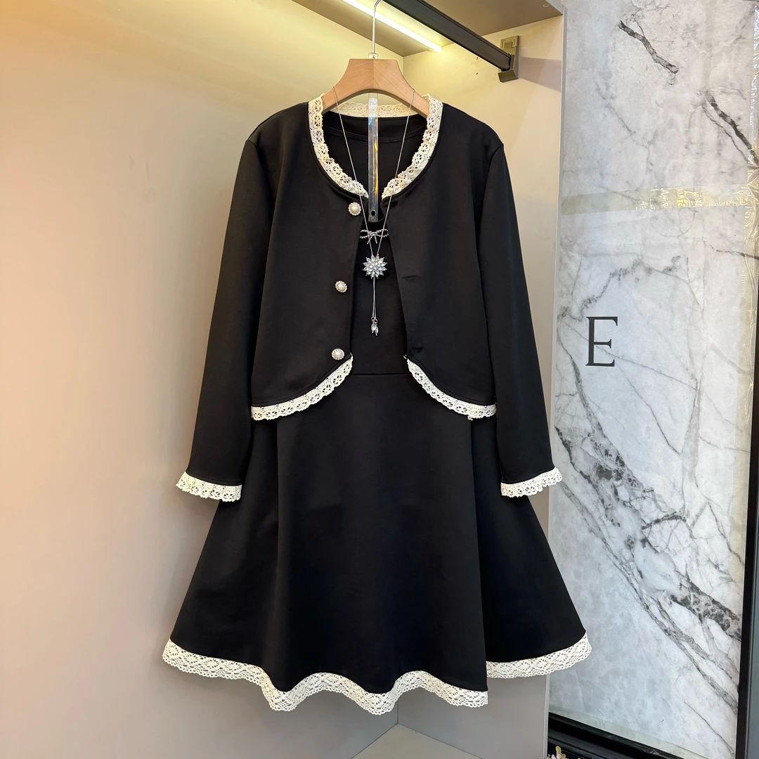 2025早秋新款大码女装时尚木耳边拼接设计小香风连衣裙套装555