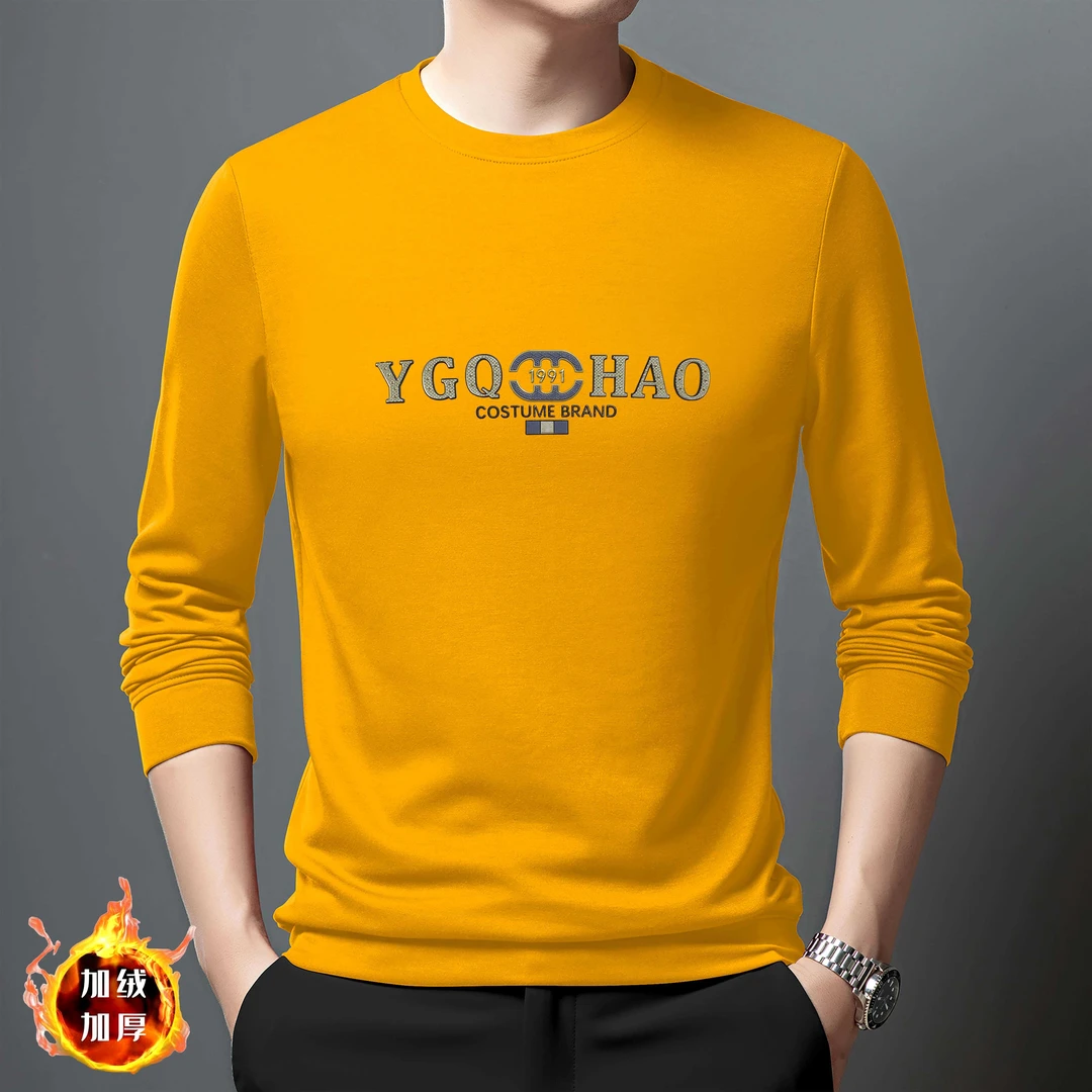 2025年高档圆领男装新款大码宽松加绒时尚男士春秋款卫衣长袖T恤