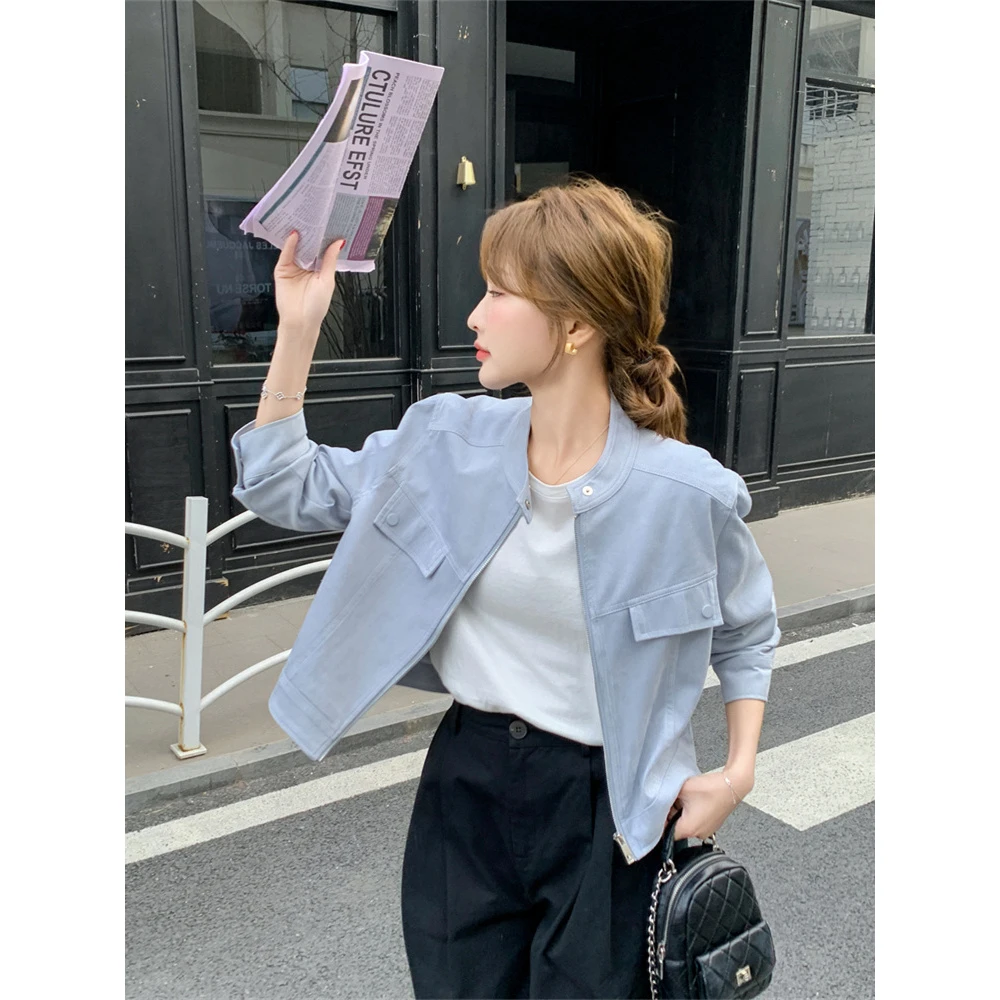 蓝色外套女春秋2025新款流行机车服爆款高级感超火小个子工装上衣
