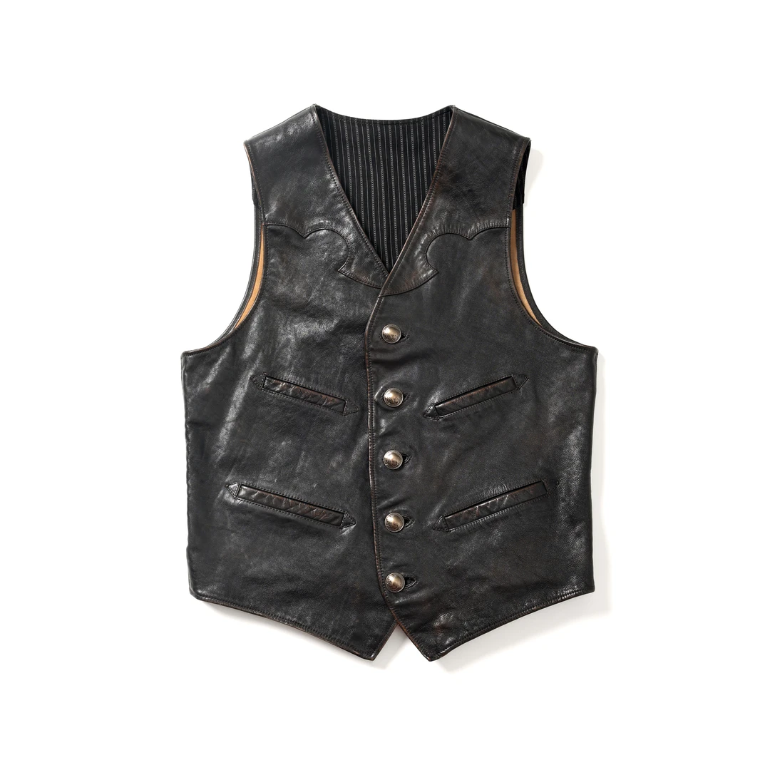 REDDATE复刻男士美式复古牛皮马甲手工擦色水洗做旧大红枣皮衣