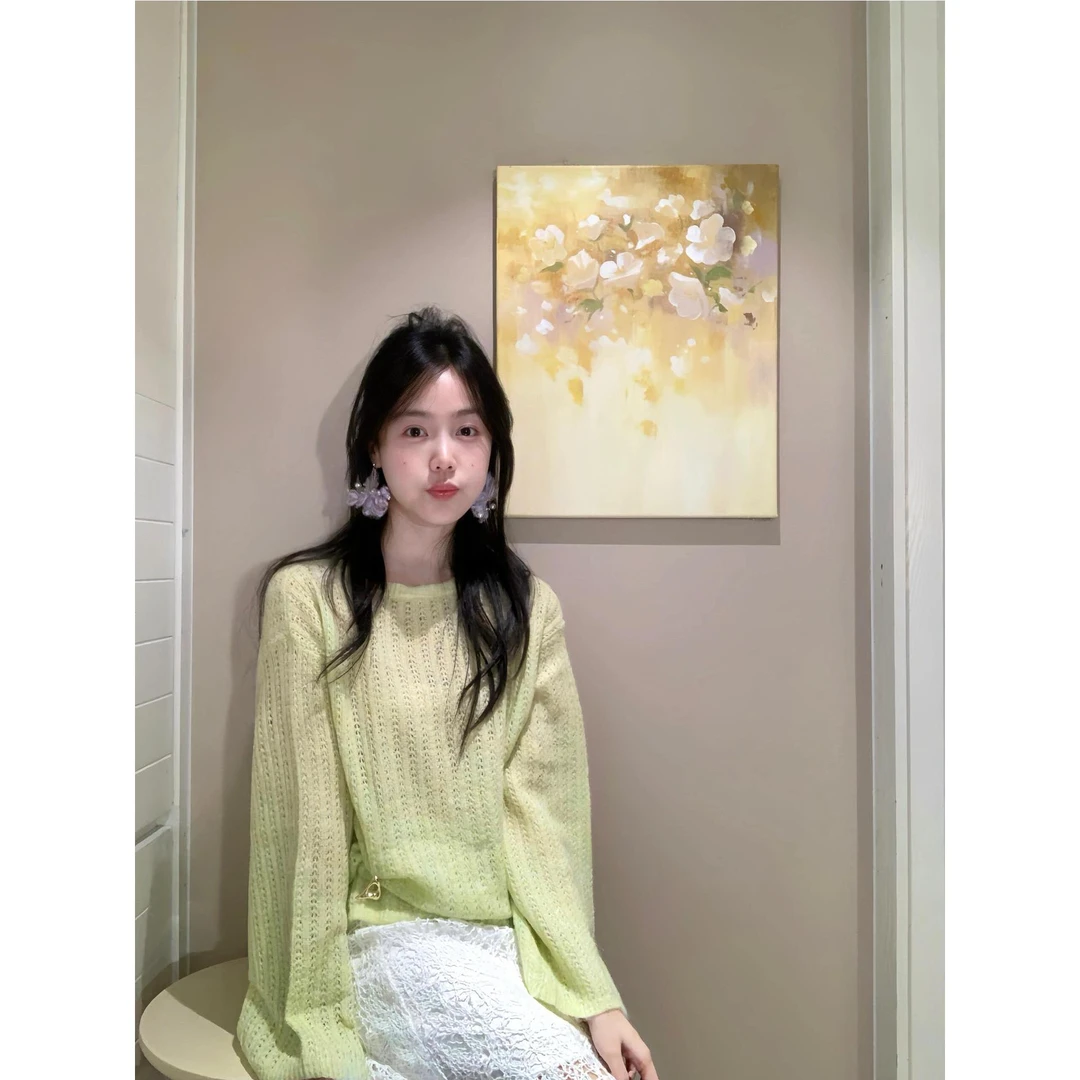 镂空钩花针织衫女2025春新款宽松罩衫气质时尚小众圆领