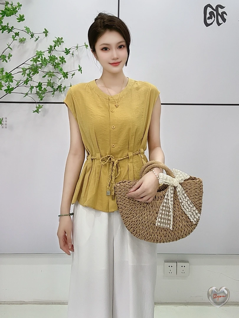 高端欧货夏季新款圆领无袖腰带阔腿裤收腰设计感无袖衬衫女上衣