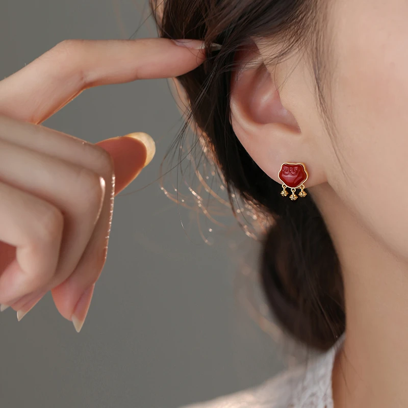 合金耳饰 999银针平安锁耳钉本命年2025蛇新年女小众过年红色耳环