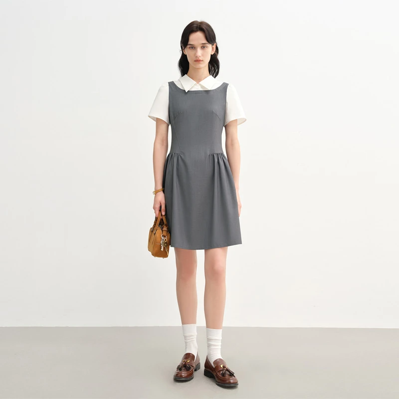大码女装【灰调格雷】智性学院风假两件连衣裙25DS82491