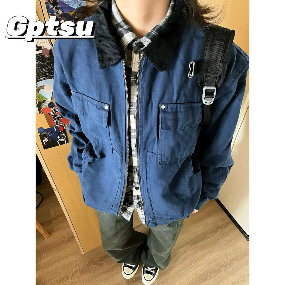GPTSu蓝色底水洗帆布工装外套男秋美式复古cleanfit翻领短款夹克