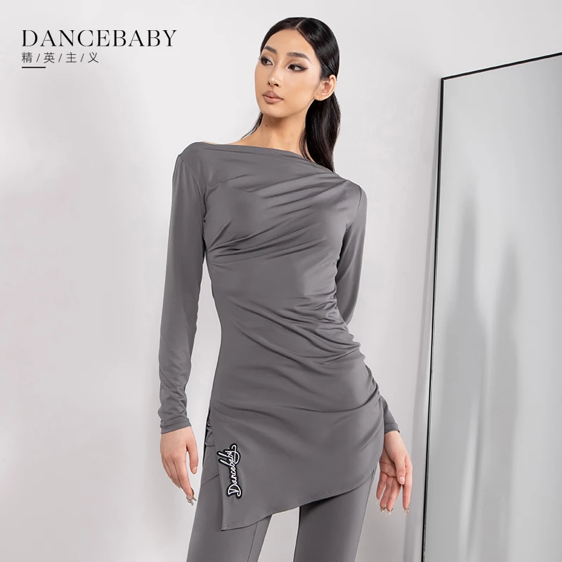 DANCEBABY拉丁舞上衣教师显瘦遮肉练功服长袖春夏褶皱上衣YD367