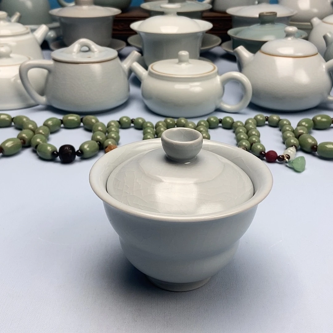 杯仿古月白釉福禄盖碗原矿原釉原产地