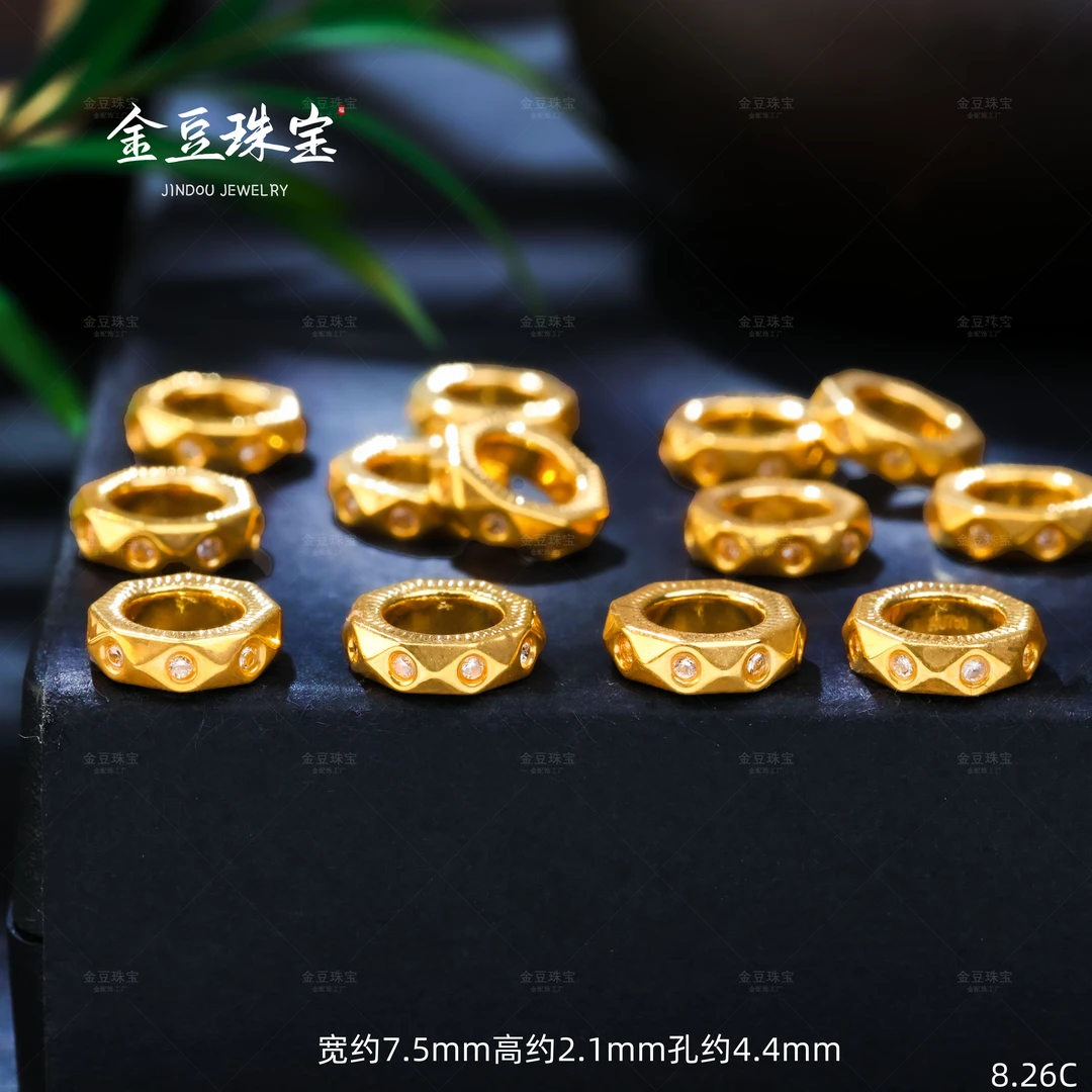【金豆】18K金镶白色爆闪约7.5mm菱形卡环跑环大孔甜甜圈（厚5D金）C