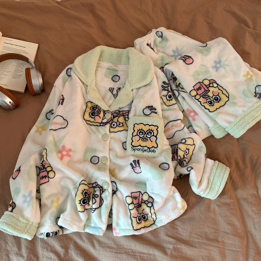 珊瑚绒睡衣女秋冬季大码加厚可外穿法兰绒海绵宝宝套装冬天家居服