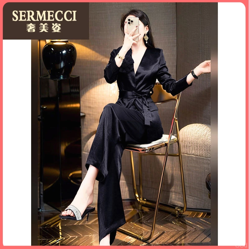 轻熟风系带奢美姿2025年秋季通勤收腰V领长袖西装西裤两件套装