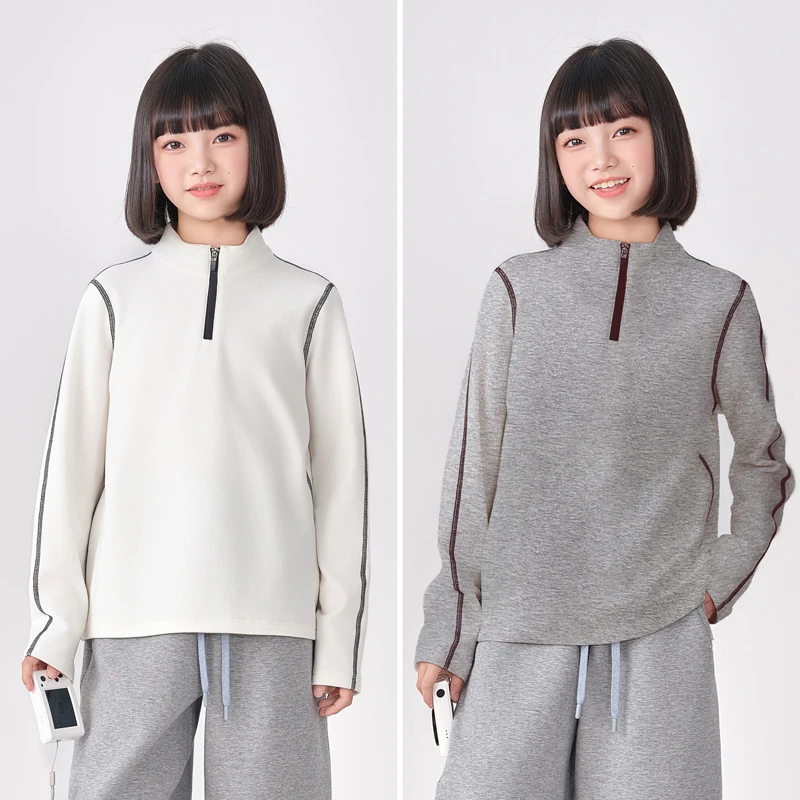 2205女童德绒打底衫早秋新款爆款中大童洋气立领拉链长袖T恤上衣