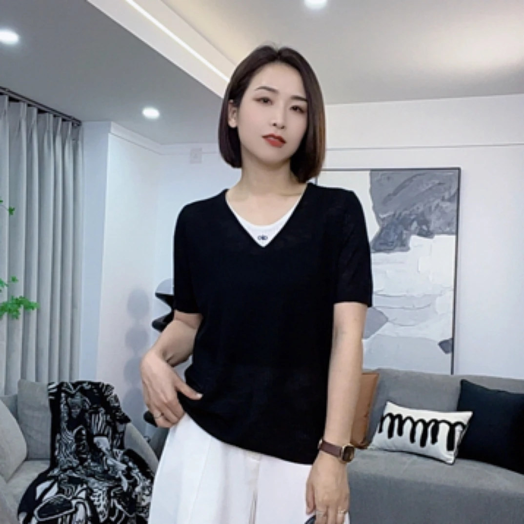 【希辰】针织冰丝v领短袖t恤女 3218