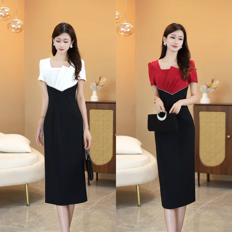 【文】黑白拼接连衣裙2025夏季新款重工收腰中长款长袖气质显瘦26